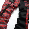 Jeans para hombres Hip Hop Plaid Patchwork Ribas largas Fashion Streetwear Pantalones delgados de mezclilla para hombres Pantalones negros