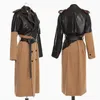 Men's Trench Coats Women's Mid-length Temperament Over-the-knee Tie Waist Khaki Stitching Leather Windbreaker