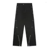 Jeans pour hommes Pied de pied pour hommes Fermeture à glissière Slit Personnalité Noir Hommes High Street Rétro Lâche Droite Denim Pantalon Jeunesse Mâle Casual Cargo