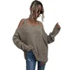 Kvinnors tröjor Autumn Lightweight Loose Knit Cold Shoulder Sweater Khaki Pullovers Shirt Female Long Sleeve Tops Streetwear Y2K Jumpers