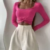 Women's Blouses Women T-shirt U-neck Long Sleeves Hollow Twist Knot Hem Lady Sexy Skinny Navel Exposed Cropped Tops Club Wear