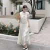 فساتين العمل عتيقة الطراز الصيني التطريز من قطعتين 2023 صيف امرأة قصيرة الأكمام قميص قميص قميص عالية الخصر A-Line Skirt 2377