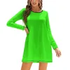 Casual Dresses Neon Green Long Sleeved Dress Women'S Fashion Print Pocket Ladies Bright