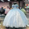 Небесно-голубое платье Quinceanera, бальное платье 2024, аппликации из бисера, 3Dцветы, с открытыми плечами, пышное платье для дня рождения, Vestidos De 15 Anos