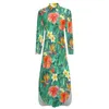 Casual Dresses Bright Flowers Chiffon Dress Classic Tropical Garden Women Long Sleeve Esthetic V Neck Design Big Size