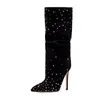 Stiefel 2023 Herbst Winter Knie High Heels Frauen Strass und Mode sexy Bankettschuhe bequemes Wildleder groß