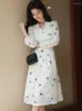 Casual Dresses Women Flowers Print White Chiffon Dress Chic Puff Sleeve V-Neck Midi 2023 Korean Spring Elegant Beach Party