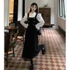 ツーピースドレス秋の韓国エレガントな女性セットビンテージラペルホワイトシャツブラックフリンジストラッピーレトロ女性2PC 230810
