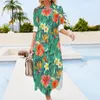 Casual Dresses Bright Flowers Chiffon Dress Classic Tropical Garden Women Long Sleeve Esthetic V Neck Design Big Size