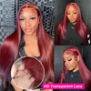 180%density 99J Straight Hair Front Lace Wig Real Hair Wig 13x4 Front Lace Wig Wine Red Wig Transparent Lace Wig Female Real Hair