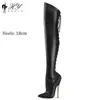 Bottes sexy de la longueur du genou avec des talons métalliques super hauts de 18 cm pour les performances amusantes dans les grandes bottes High Boots de la jambe mince des hommes et des femmes 230811