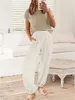 Women's Two Piece Pants Fashion Casual 2 Outfits Lounge Sweater Set Rib Knit Short Sleeve Pullover Tops And High Waisted Wide Leg