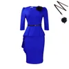 Plus Size Dresses Women Elegant Solid Long Sleeve Ruffles Africa Office Ladies Bodycon Midi V Neck Pencil Dress With Belt Brooch