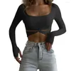 Women's Blouses Women T-shirt U-neck Long Sleeves Hollow Twist Knot Hem Lady Sexy Skinny Navel Exposed Cropped Tops Club Wear