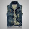 Mäns västar Herrmode Frayed Blue Casual Denim Jacket Vests Korean Style Trend Men's Hole Light Blue and Dark Blue Denim Coats 230810