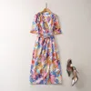 여름 멀티 컬러 플로럴 프린트 드레스 1/2 반 소매 둥근 목마 미디 캐주얼 드레스 S3W110511