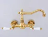 Kitchen Faucets Gold Color Brass Wall Mounted Double Ceramic Handles Bathroom Sink Faucet Mixer Tap Swivel Spout Asf607