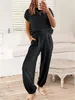 Women's Two Piece Pants Fashion Casual 2 Outfits Lounge Sweater Set Rib Knit Short Sleeve Pullover Tops And High Waisted Wide Leg