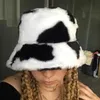 Wide Brim Hats Bucket Hats Winter Cow Faux Fur Fluffy Bucket Hats Women Plush Fisherman Cap Outdoor Keep Warm Thicken Hat Panama Caps Soft Velvet Sun Hats HKD230810