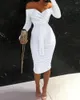 Casual Dresses Women Off Shoulder Tied Detail Ruched Bodycon Dress Autumn Strap Folds Solid Slim Pets Up High midje knälängd full ärm