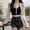 Frauen Strick Korean sexy kurze Länge Frauen Y2K Verband Eis Seidenpullover Sommer Langarm Sonnencreme Strickmäntel Hohlkette Strickjacken