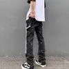 Mäns jeans Svartvit rutigt lapptäcke Micro Fleared Denim Byxor Hip Hop Splashed Ink Logging Pants For Men Slim Washed Rabed