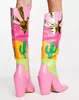 Boots Patchwork Western Women Cowboy Boots Leather Knee High Shoes Pink Cowgirl Pointed Toe Boots Cosplay Shoes 44 230811