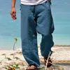 Męskie spodnie Men Summer Beach Solidny kolor bawełniany bielizny długi spodni elastyczna talia swobodny jogging joga sport