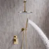 Brass Bathroom Shower Set Rianfall Shower Head Shower Faucet System Wall Mounted Shower Arm Mixer Water Sets Brushed Gold