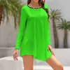 Casual Dresses Neon Green Long Sleeved Dress Women'S Fashion Print Pocket Ladies Bright