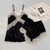 Women's Sleepwear Senior Black Pajama Women Summer Thin Ice Silk Nightsuit Lace Halter Shorts Sexy Home Wear With Chest Pad