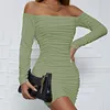 Casual Dresses 2023 Women'S Spring And Autumn One-Neck Long-Sleeved Pleated Elegant Hip Skirt Hollow Slim Sexy Wrap-Chest Dress