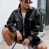Kvinnors jackor överdimensionerad skinnjacka vintage t-shirt stil avvandla krage ytterkläder faux moto cyklist