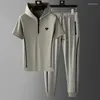 Men's Tracksuits Light Luxury High-end Summer Suit Men South Korea Imported Ice Silk Four-sided Elastic Fabric Hooded Short-sleeved