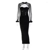 Robes décontractées élégant en maillage transparent patchwork Velvet Long Robe pour femmes Sexy Feathers Sleeve Corset BodyCon Evening Club Party