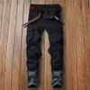 Men Streetwearwear Hip Hop Cargo Multi-bolso motocicleta jeans skinny angústia Slim Fit Stretch Black Denim Biker Calças Lápis C11232664