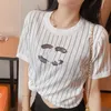 Women's T-Shirt Designer Premium Black and White Stripe Heavy Work Beads 23 Spring/Summer New Double C Embroidered Knitted Round Neck Slim Top PHJL