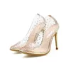 Отсуть обувь секс -привлекательность модных облаков ПВХ прозрачные насосы сжигания высокие каблуки точка для женской вечеринки Золотая свадебная обувь