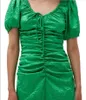 23 Summer New g-an-l Green U-neck Bubble Sleeve Slim Fit Pleated Sexy Silk Satin Dress Women's Dress