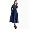 Casual Dresses Loose Size Nine Inches Sleeve Dress Autumn Vintage broderad denim Midlängd Jeans Alla matchande kläder Blue FS1378