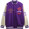 Mens Jackets Love Embroidery Contrast Stitching Baseball Uniform Color Matching Varsity Jacket Street Trend Autumn Loose Purple 230810