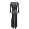 Casual Dresses Sheer Mesh Hollow Women Maxi Bodycon Dress Sensuell Sexig fullärmad mager svart Vestidos flickor nattklubb kväll