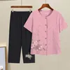 Women's Two Piece Pants Pyjamas Women Set Home Clothes Plus Size Sleepwear Short Sleeve Pajamas Female Cotton Linen Pijamas