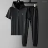 Men's Tracksuits Light Luxury High-end Summer Suit Men South Korea Imported Ice Silk Four-sided Elastic Fabric Hooded Short-sleeved