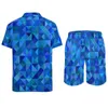 Suits-survêtement masculins Géométrie bleu sets hommes abstraits Art Imprimé shorts décontractés Summer Hawaii Fitness Outdoor Shirt Set à manches courtes surdimensionnées