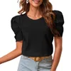 Women's Blouses Lady Solid Color T-shirt Stylish O Neck Pleated Blouse Breathable Soft Fashionable Summer Top With Short Bubble Sleeves