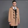 Erkek trençkotları kapşonlu rahat yünlü ceket erkek boynuz boynuz palto paltolar casaco casaco maskulino inverno İngiltere otum