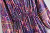 Basis Casual jurken Happie Queen Purple Floral Print Button V-Neck Bohemian Mini Jurken Ladies Long Sleeve Elastische taille Rayon Boho-jurk 230811