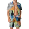 Suits-survêtement masculins Géométrie bleu sets hommes abstraits Art Imprimé shorts décontractés Summer Hawaii Fitness Outdoor Shirt Set à manches courtes surdimensionnées