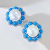 Hoop Earrings 2023 Blue Turquoise Inlaid 12mm Pearl Ear Studs Full Body 925 Silver Fashion Elegant Clip